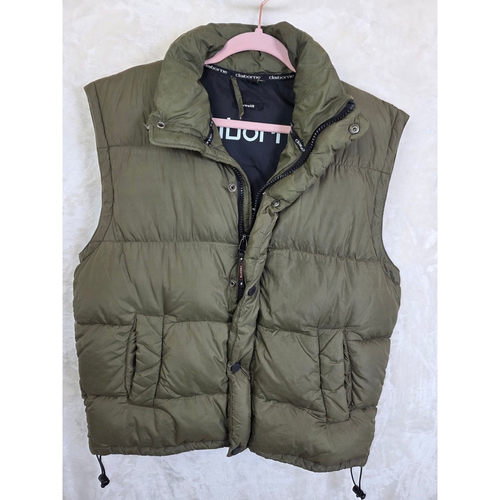 Claiborne Mens Down Fill Puffer Vest Olive Green Full Zip Snap Front Size M